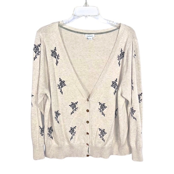 Sundance Oatmeal Embroidered Long Sleeve Button Up Boho Cardigan Sweater XXL - Picture 1 of 12